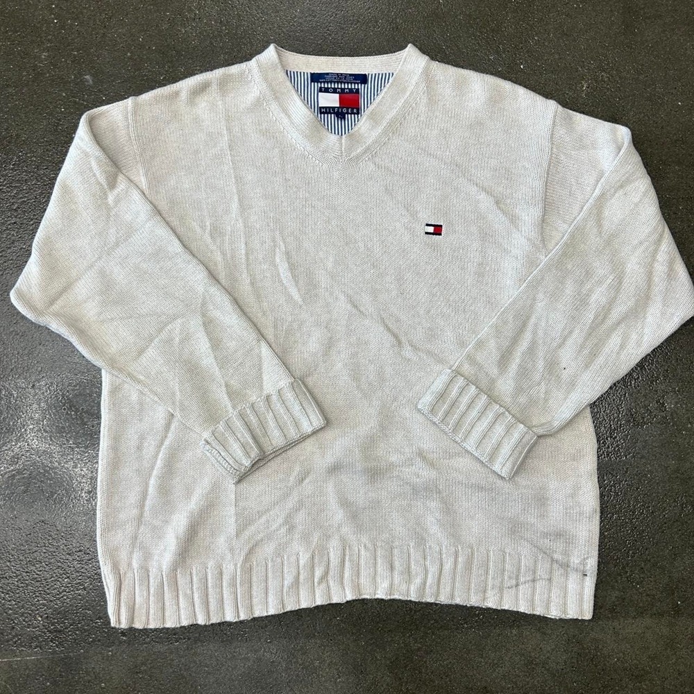 Vintage 90s Tommy Hilfiger V Neck Chest Flag Crest Cotton Men's Large Sweater